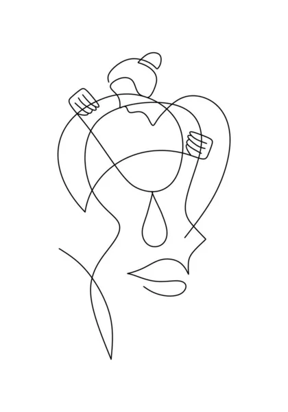 Continuous Line Art Sad Woman Contemporary Poster One Hand Drawn — Stock Vector