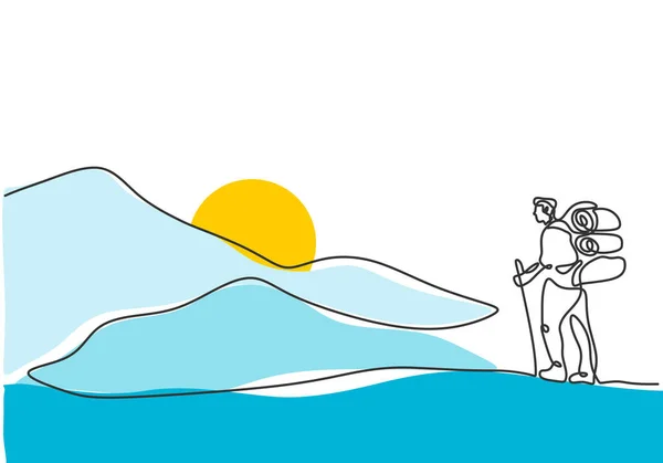 連続線の人々の山の上でハイキングを描く 男は山の頂上に登る ミニマリストハンドは 単一の輪郭スタイルを描いた — ストックベクタ