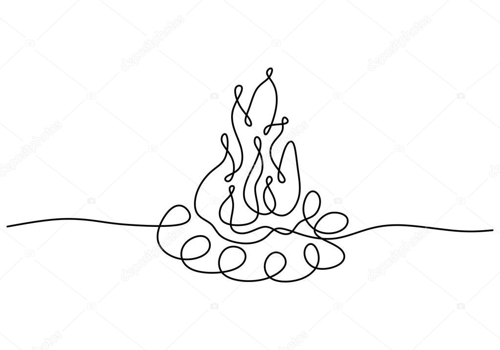 Campfire one continuous line drawing. Minimalist hand drawn contour style. Vector illustration isolated on white background. Good for element banner, metaphor theme.