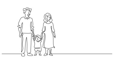 Sürekli mutlu bir ailenin çizdiği çizgiler. Anne, baba ve kızının yürümesi, sıcak ilişkinin sembolü. El çizimi minimalist stil.