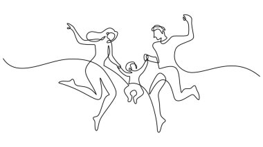 Zıplayan bir ailenin sürekli çizimi kutlama ve enerjiyi temsil ediyor. Vektör illüstrasyon el çizimi minimalist.