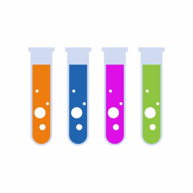 Bilimsel araştırma için sıvıyla test tüpü. Kimya, biyoloji ya da tıbbi deneyler için laboratuvar camları. Analiz ve biyoteknoloji kavramı. Düz vektör illüstrasyonu.