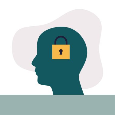 Zihinsel engelleme ve içe dönük konsept. Kilitli bir insan kafası. Kapana kısılmış bir zihni ya da yaratıcı sorunu simgeliyor. Özgürlüğün ve hayal gücünün eksikliğinin metaforu. Düz vektör illüstrasyonu.