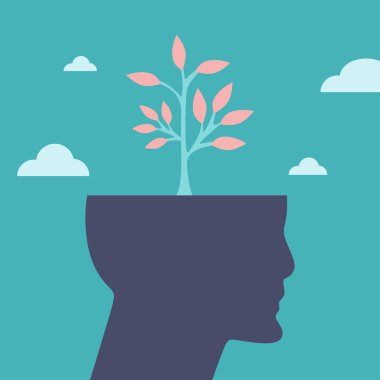 Kişisel farkındalık ve yaratıcı zihin konsepti. İçinde çiçekler ve bitkiler büyüyen bir insan kafası silueti. Kişisel gelişimin ve akıl sağlığının sembolü. Düz vektör illüstrasyonu.