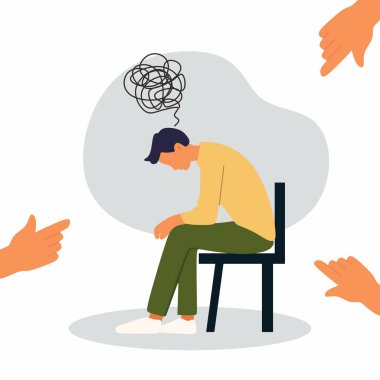 İç çatışma ve öz eleştiri kavramı. Çizgi film karakteri kendini gösterip bağırıyor. Endişe, depresyon ve psikolojik sorunların sembolü. Düz vektör illüstrasyonu.