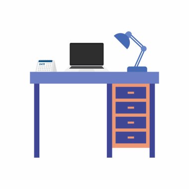 Çevrimiçi eğitim ve e-öğrenme kavramı. Bilgisayar, kitap ve lambalı çalışma masası. Uzaklık eğitiminin, bilginin ve öğretmenin sembolü. Düz vektör illüstrasyonu.