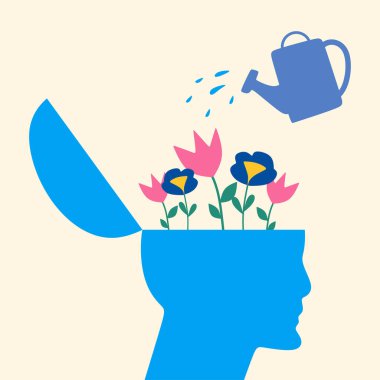 Akıl sağlığı ve olumlu düşünce yapısı. Kafasının içinde büyüyen bir çiçeği sulayan mutlu insan. Kişisel bakım, büyüme, terapi ve refahın sembolü. Düz vektör illüstrasyonu.