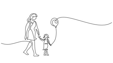 Anneler günün kutlu olsun. Uçan bir balonla yürüyen anne ve çocuğun durmaksızın çizdiği çizgi. Düzenlenebilir vuruş vektörü minimalist biçimi.
