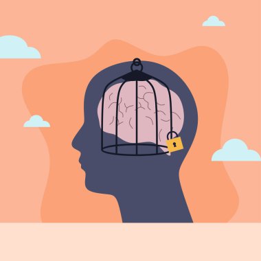 İnatçı kişilik ve dar görüşlü kavram. Kafası sıkıca kapalı çizgi film karakteri. Stres, yorgunluk ve yardım alma isteksizliğinin sembolü. Düz vektör illüstrasyonu.