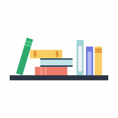 Kütüphane ya da okul kitaplarıyla dolu bir kitaplık. Edebiyat, eğitim ve bilgi için bir kitaplık. Okuma ve öğrenmenin sembolü. Düz vektör çizimi izole edildi.