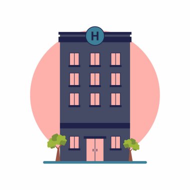 Otel binası ve seyahat konaklama konsepti. Turizm, tatil ve geziler için modern şehir mimarisi. Oda rezervasyonu ve konukseverliğin sembolü. Düz vektör illüstrasyonu.