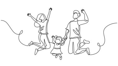 Mutlu, zıplayan bir ailenin bir çizimi. Hayat sigortası markalaşması için mükemmel bir heyecan ve birlikteliğin en küçük simgesi..