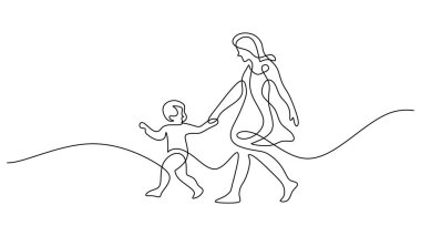 Anne ve kızının el ele yürüdüğü sürekli bir çizim çizimi. Ebeveynler ve çocuklar arasındaki güven kavramı.