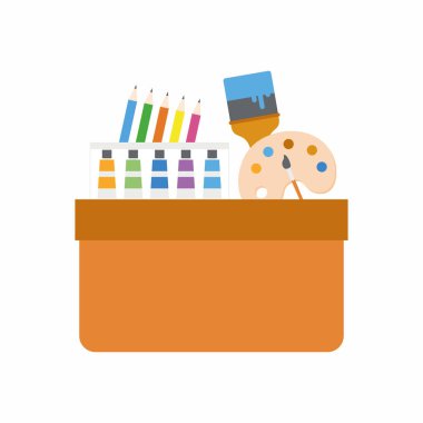 Yaratıcı ekipmanlı bir sanatçı alet çantası. Enstrümanları çizmek ve boyamak için bir depolama kutusu veya alet çantası. Sanat eğitiminin, eğitimin ve yaratıcılığın sembolü. Düz vektör illüstrasyonu.