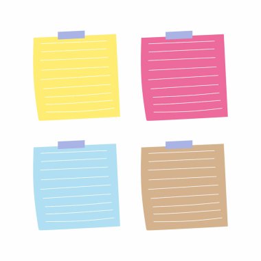 Hatırlatmalar ve mesajlar için yapışkan bir not. Ofis ya da okul için sarı kağıtlar. Liste ve bilgi için boş bir not defteri. Düz vektör çizimi arkaplanda izole edildi.