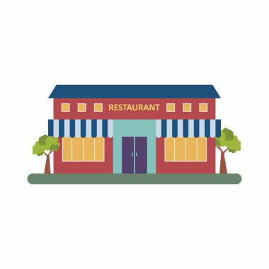 Restoran ya da kafeterya cephesi. Bir bistro, kahve dükkanı ya da küçük bir işletme için şehir vitrini. Gıda hizmeti, perakende satış ve yerel pazar kavramı. Düz vektör illüstrasyonu.
