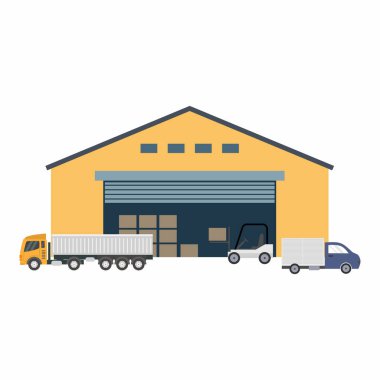 Depo binası ve lojistik konsepti. Kargo ve mallar için sanayi deposu. Nakliye, nakliye ve dağıtım hizmetleri için. Düz vektör illüstrasyonu.
