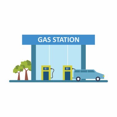Benzin istasyonu ve ulaşım servisi. Araba yakıtı ve araç yolculuğu için yol kenarı binası. Ulaşım lojistiği ve teslimat işi kavramı. Düz vektör illüstrasyon simgesi.