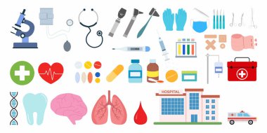 Modern düz tıbbi malzeme çizimi. Sağlık hizmeti konsepti tasarımı. Ölçeklenebilir vektör elemanı. Stetoskop, termometre ve şırınga içerir.