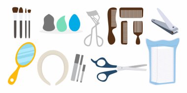 Düz dizayn edilmiş güzellik aletleri. Makyaj projeleri için mükemmel. Vektör çizimi grafiği. Basit şekilli modern düz tasarım.