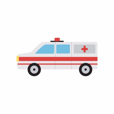 Ambulans arabası düz stil. Acil ışınlama sembolü. Geometrik vektör grafiği. Tıbbi ve güvenlik temaları için modern düz illüstrasyon.