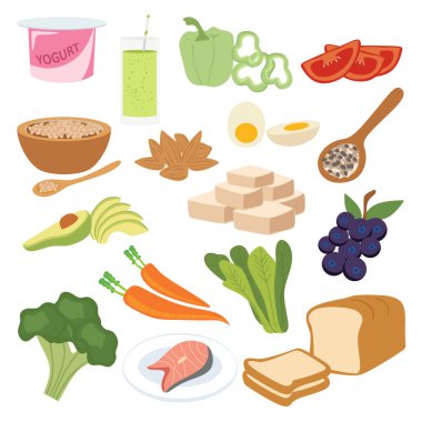 Düz çizim, sağlıklı yemek seti ve ikonlar. Diyet konsepti. Beyaz bakteri zemininde izole edilmiş vektör illüstrasyonu.