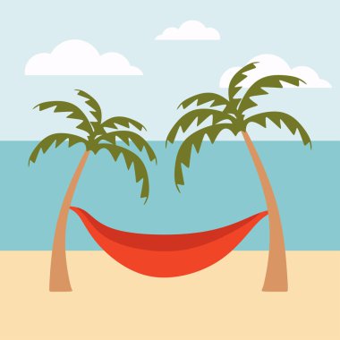 Palmiye ağaçları arasındaki hamak düz çizim. Rahatlatıcı tatil konsepti. Modern vektör tasarımı. Basit şekilli ölçeklenebilir vektör illüstrasyonu.