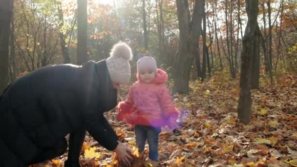 Ung kvinna och hennes lilla dotter kastar gula höstlöv i stadsparken. Långsamma rörelser. — Stockvideo