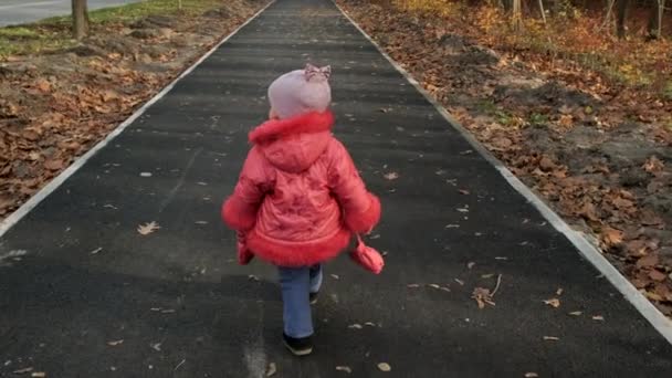 Little girl walks along the pavement along the park. View from the back, slow motion. — Stock Video