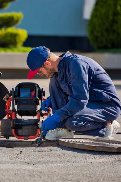 Plumber Portable Camera Pipe Inspection Other Plumbing Work — Stock Photo, Image