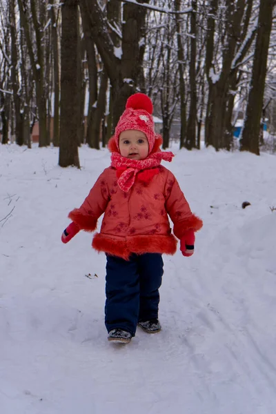 Little Kid Girl Running Snow — Stock Photo, Image
