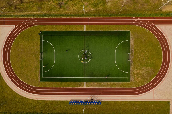 Top view of the football field. Aerial view.