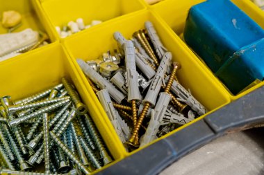 Farklı vida ve bağlayıcıları olan küçük plastik kutulara yakın çekim. Seçici odak.