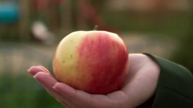 Kadın eli kırmızı bir elma tutuyor. Yakın plan..
