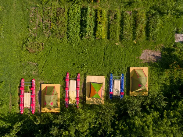 Top View Camp Tourists Tents River Bank — Stock Photo, Image