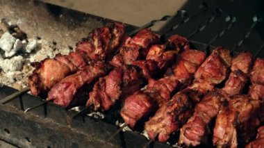 Şiş kebap şiş kebap kömürde pişirilir. Yakın plan. Sokak yemekleri festivali.
