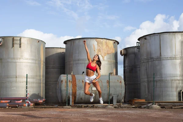 Female Young Athlete Celebrating Running Workout Goals Happy Successful Runner — Stock Photo, Image