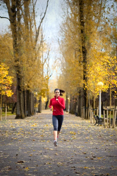 Femme courant dans le parc d'automne — Photo