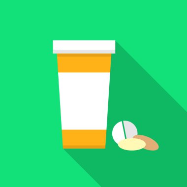 Düz eczane tasarım. Hap ve bazı metin için yer hapı şişesiyle. Boş şablon. Eczane ilgili boş vektör şablonu.