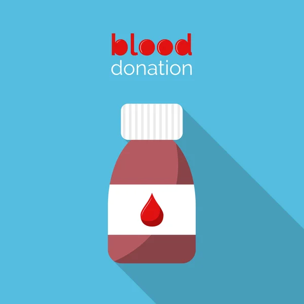 Blood donation design. Bottle with blood. Red blood drop and text on blue background. Flat style vector illustration. Donate blood. — Stock Vector