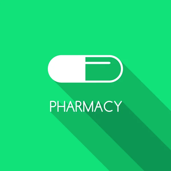 薬局の背景。緑の背景のカプセル アイコンを。薬局本文カプセル錠剤。カプセルでフラット スタイルの設計図. — ストックベクタ