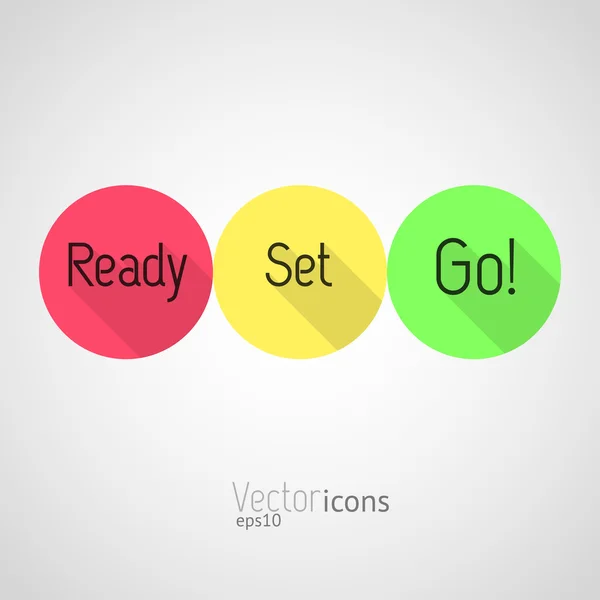 Geri sayım - Ready, Set, Go! Renkli vektör simgeler. Uzun gölgeler ile düz stil tasarım.