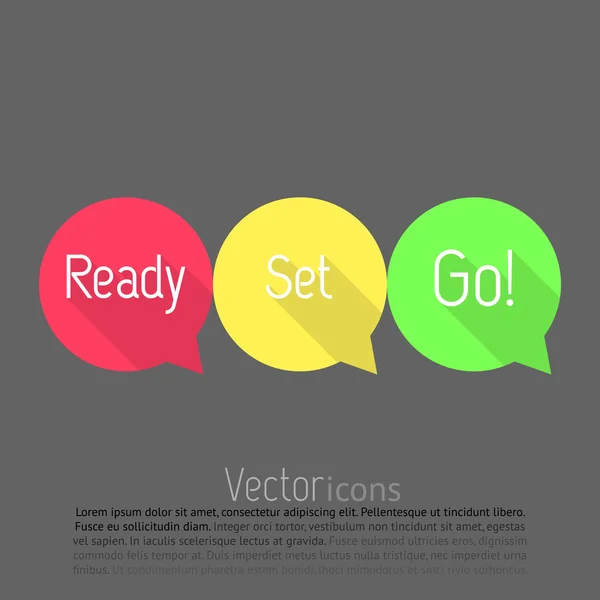 Ready, Set, Go! countdown. Vector talk bubble in three colors. Flat style design with long shadows. Ready, set, go! — Stock Vector