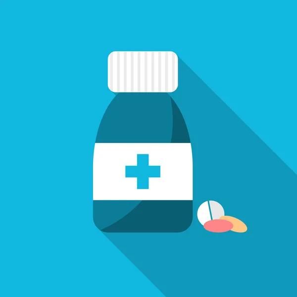 Pill bottles and pills. Pharmacy design on blue background. Pill bottle with cross. Flat style pharmacy vector design with pill bottle and pills. — Stock Vector