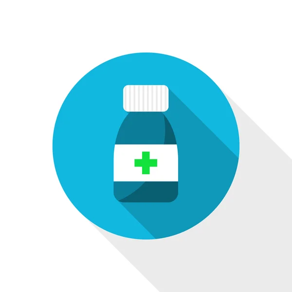 Icono de farmacia. Botella de píldora con cruz verde. Frasco de la píldora en círculo azul. Estilo plano farmacia vector temática pegatina. Icono de la botella de la píldora con cruz verde . — Vector de stock