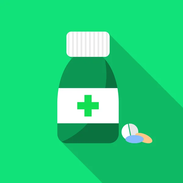 Apotheek ontwerp. Pil fles met capsules en pil. Pil fles met groene Kruis. Vlakke stijl apotheek vector design met pil fles en pillen. Groene achtergrond. — Stockvector