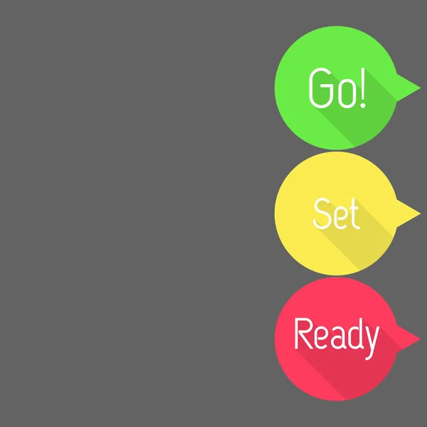 Redo - Set - gå! Countdown. Prata bubblor med Ready, Set och gå! i tre färger. Platt style vektor illustration. Royaltyfria illustrationer