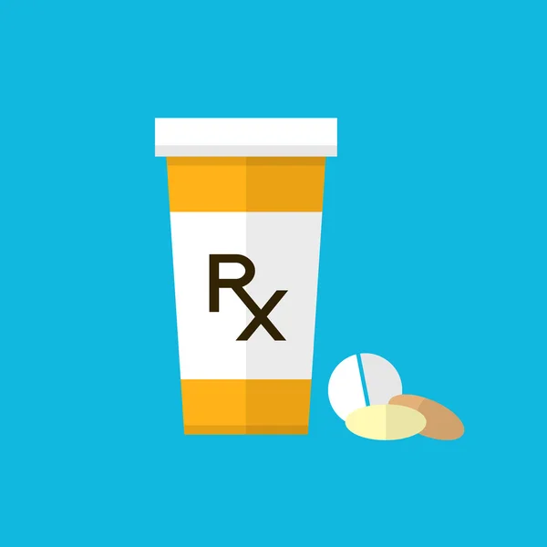 Pharmacy design. Pill bottle with capsules and pill. Flat style design. Pharmacy background. Rx symbol for prescription. Vector design with pill bottle and pills. Stock Illustration