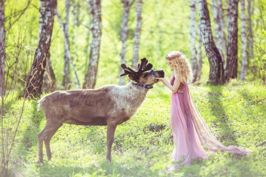 Girl in fairy dress and reindeer in the forest