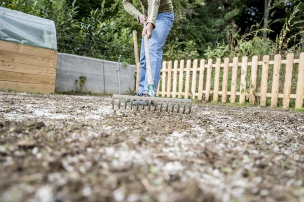 Man melakukan pekerjaan halaman menyapu tanah — Stok Foto
